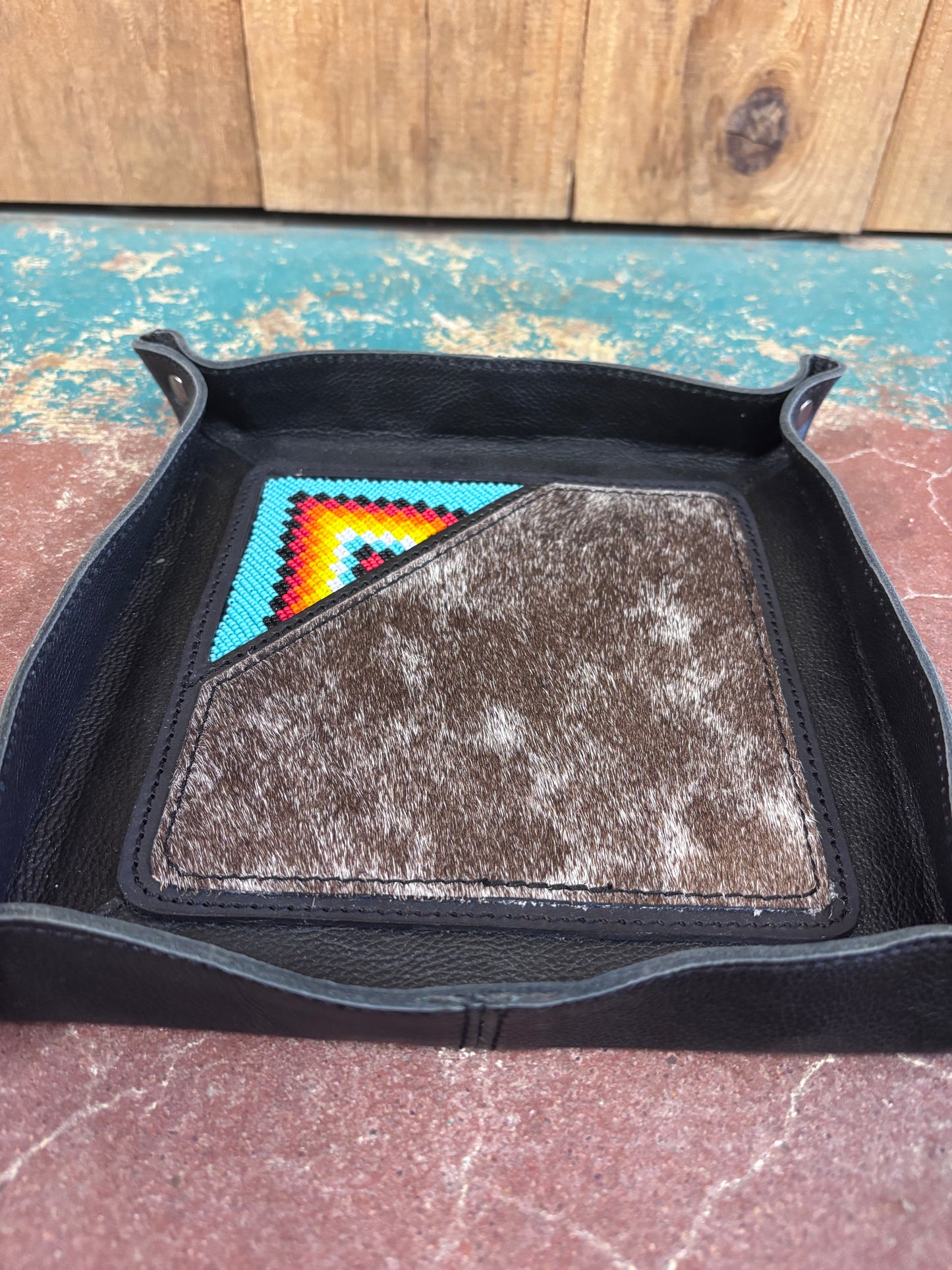 Black Leather Grey Cowhide Beaded Corner Jewelry Tray