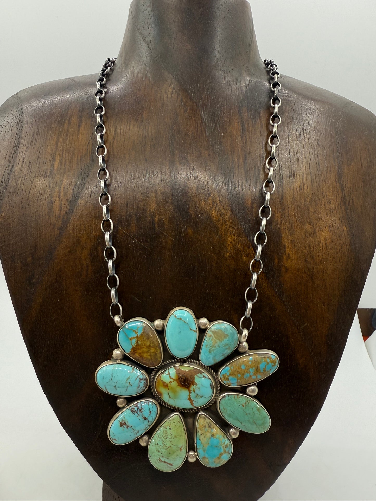 16" Large Kingman Turquoise Cluster Necklace by Geraldine James, Navajo