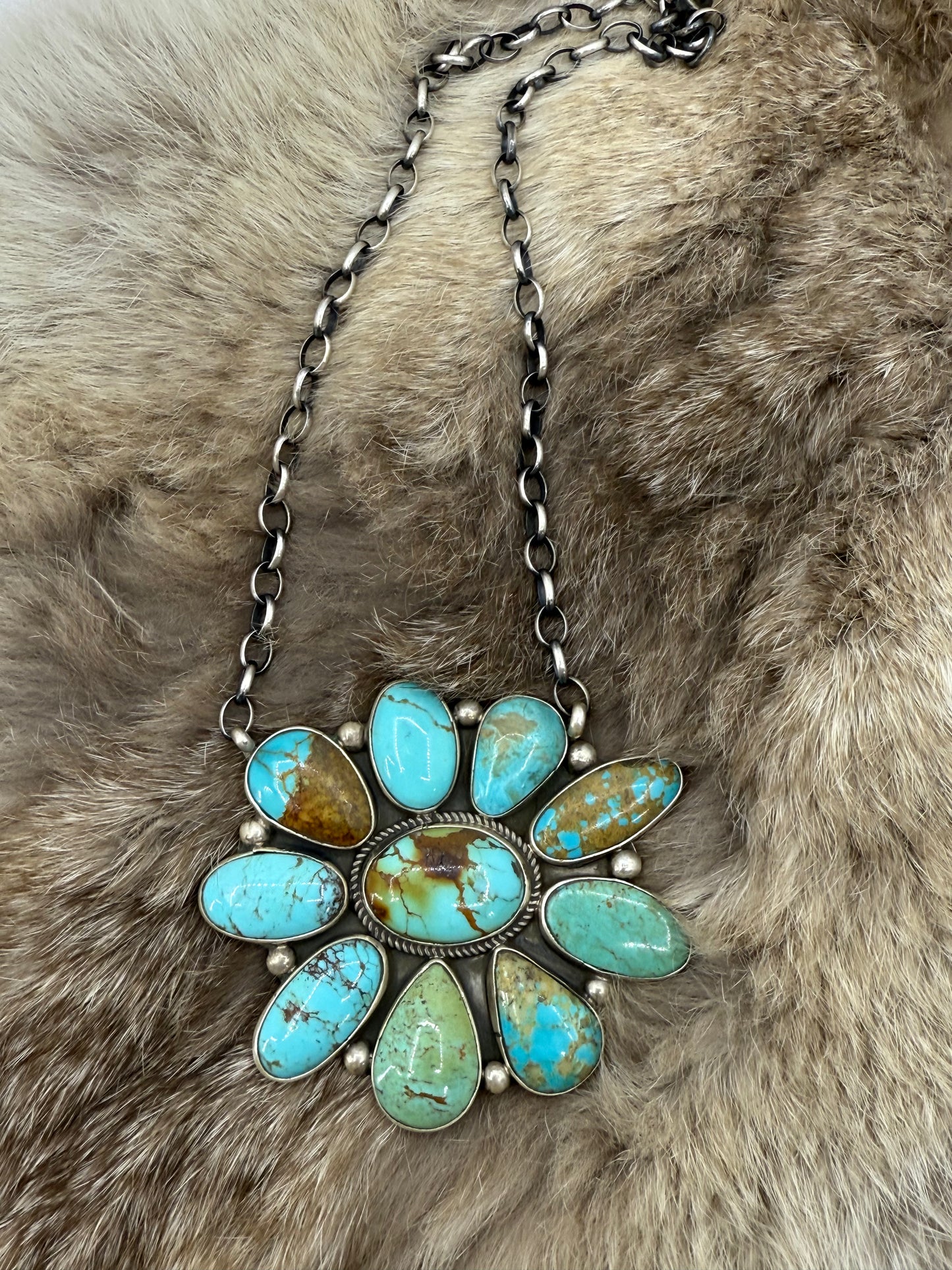 16" Large Kingman Turquoise Cluster Necklace by Geraldine James, Navajo