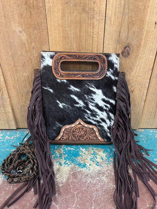 White And Black Cowhide Fringed Cross Body Leather Purse