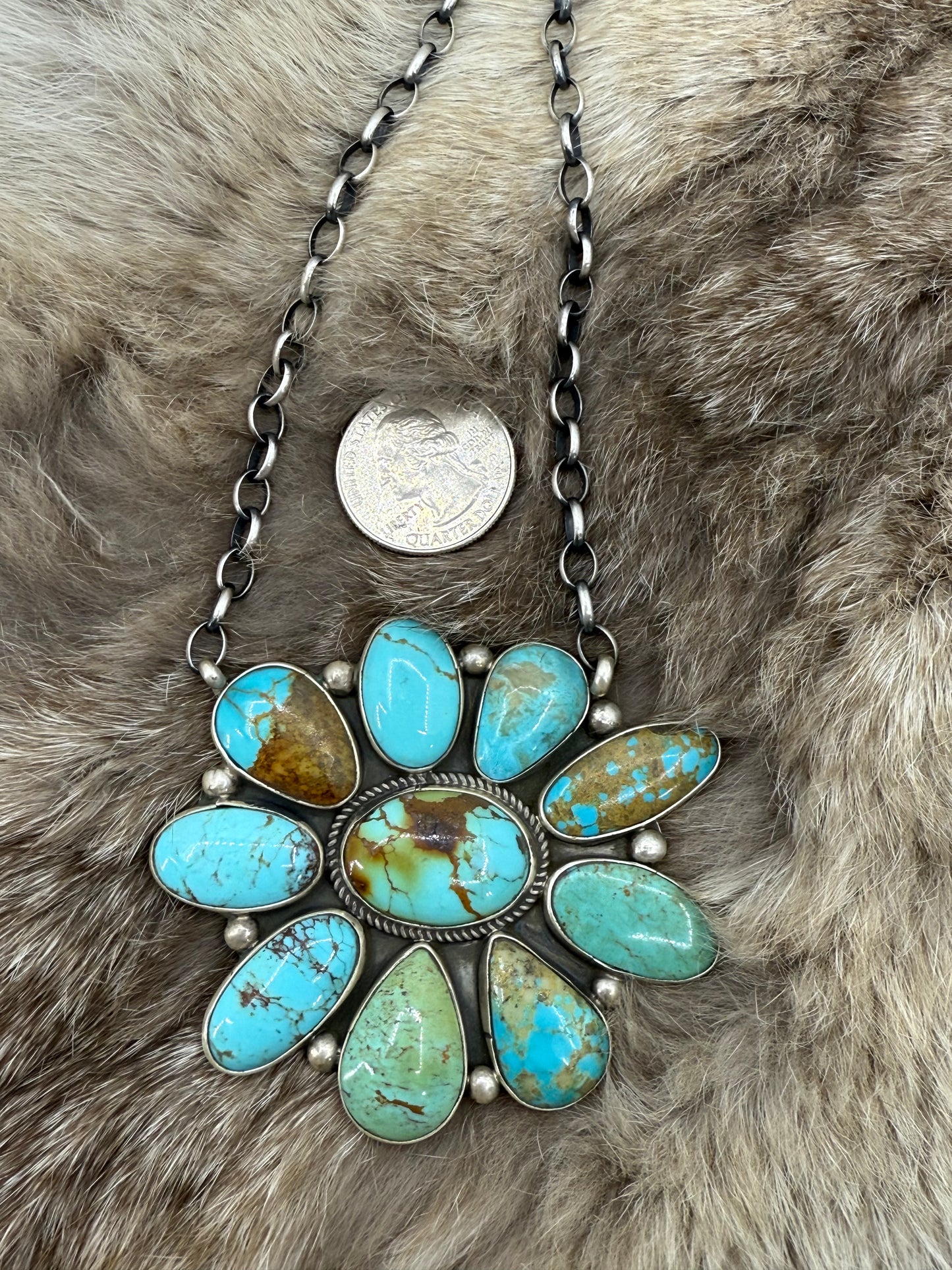 16" Large Kingman Turquoise Cluster Necklace by Geraldine James, Navajo