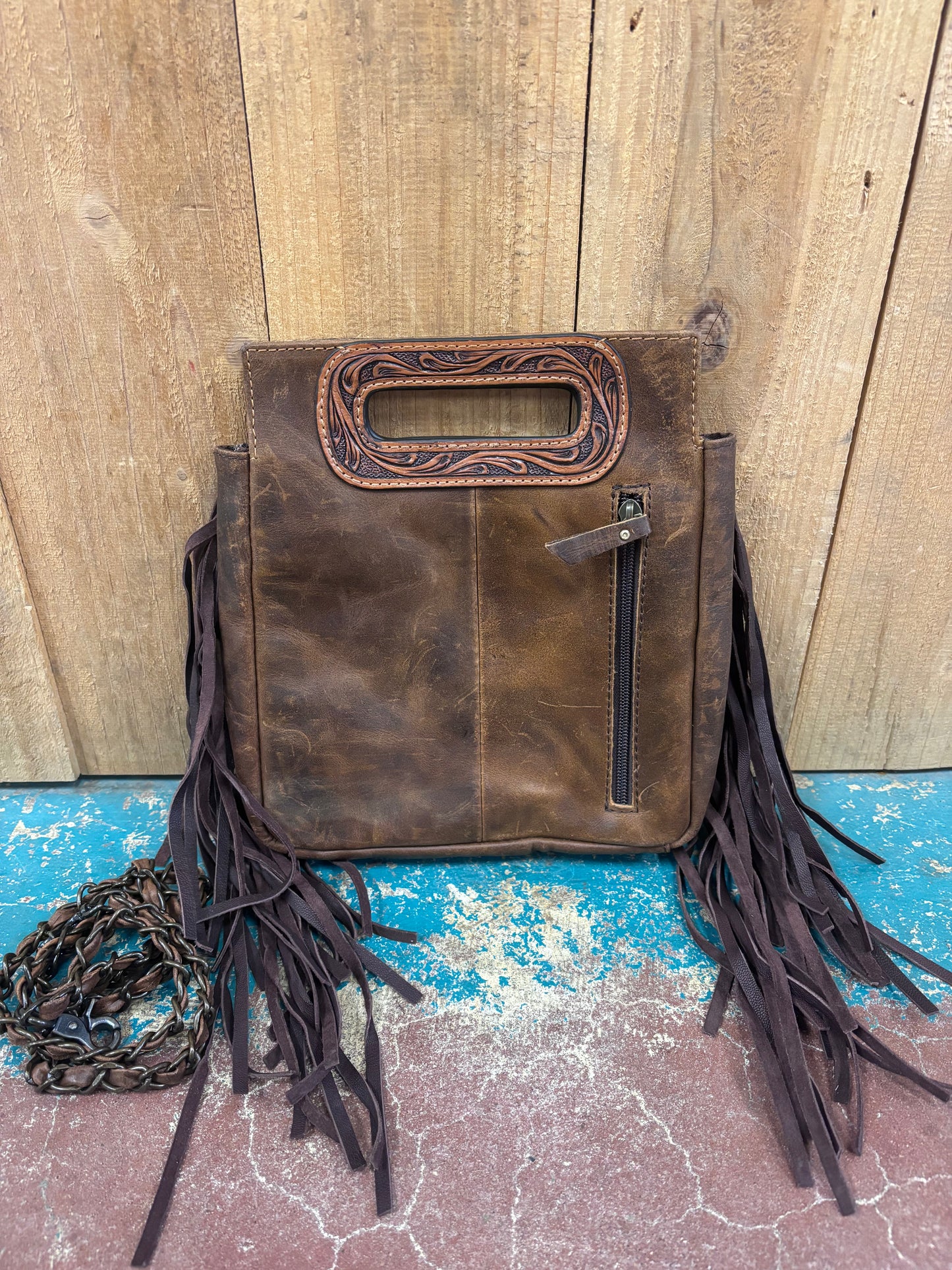 White And Black Cowhide Fringed Cross Body Leather Purse