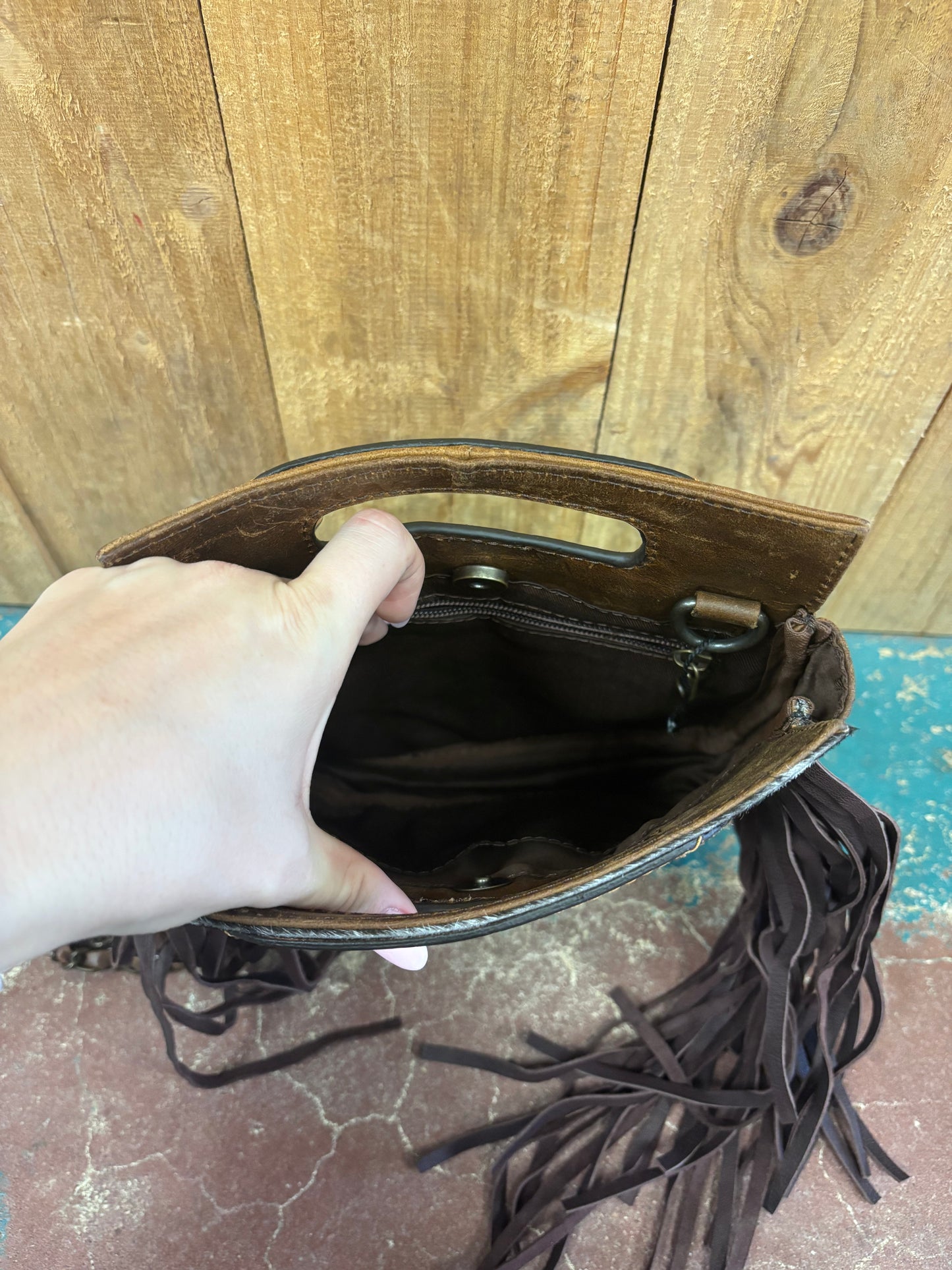 White And Black Cowhide Fringed Cross Body Leather Purse