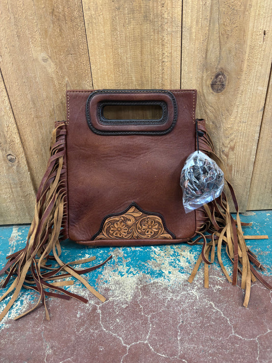 Brown Leather Fringed Cross Body Leather Purse