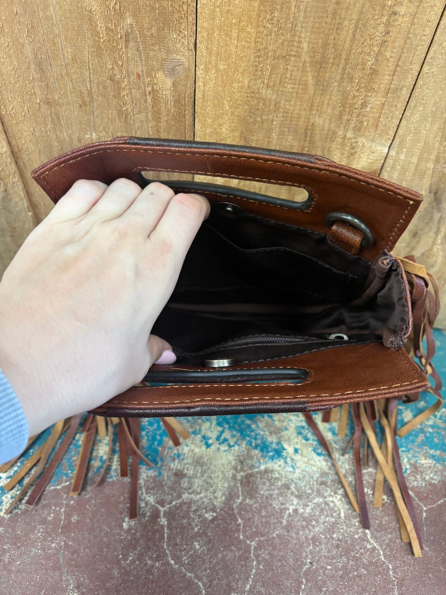 Brown Leather Fringed Cross Body Leather Purse