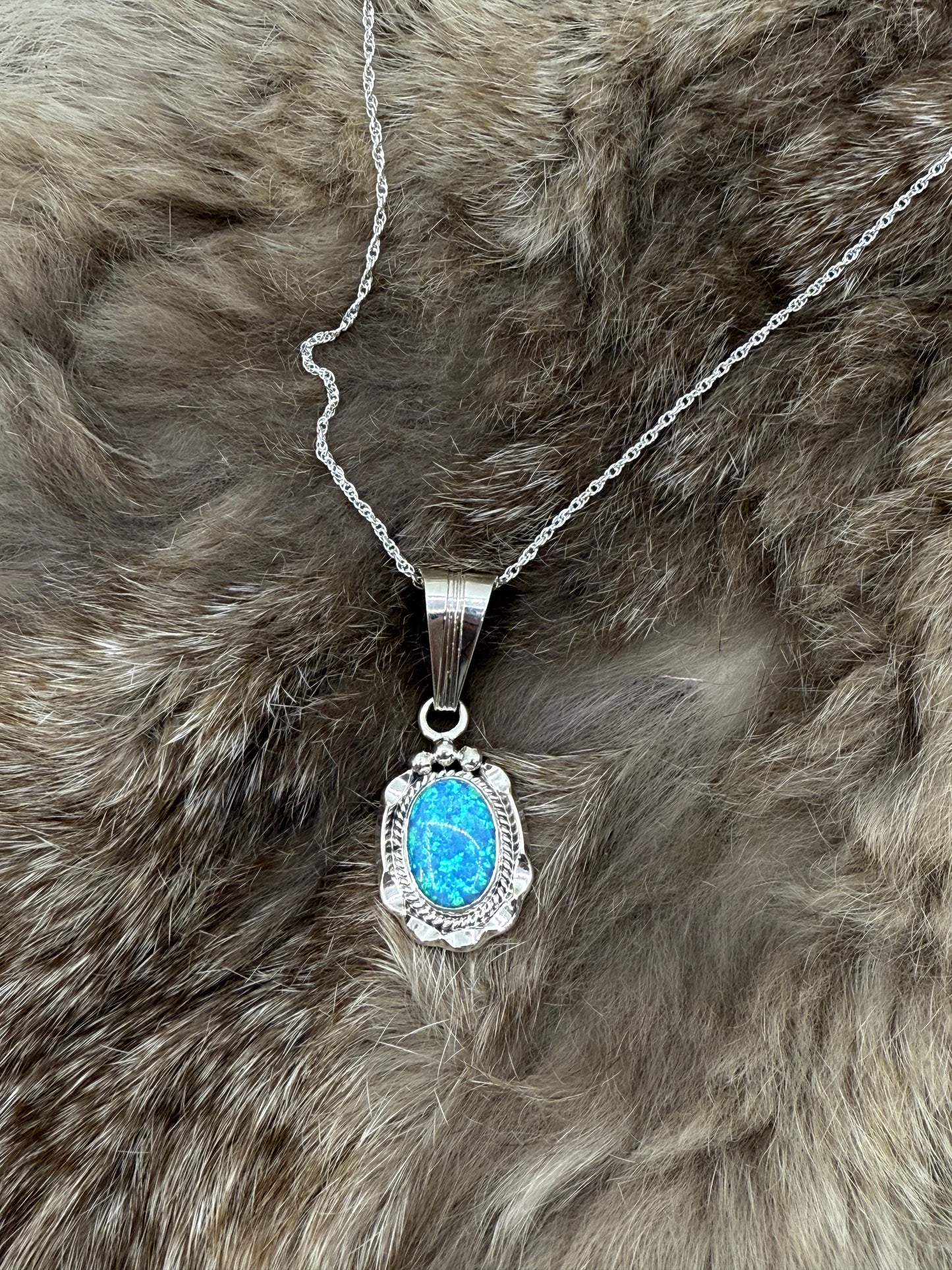 Blue Opal Pendant on 18" Chain by Samuel Yellowhair, Navajo