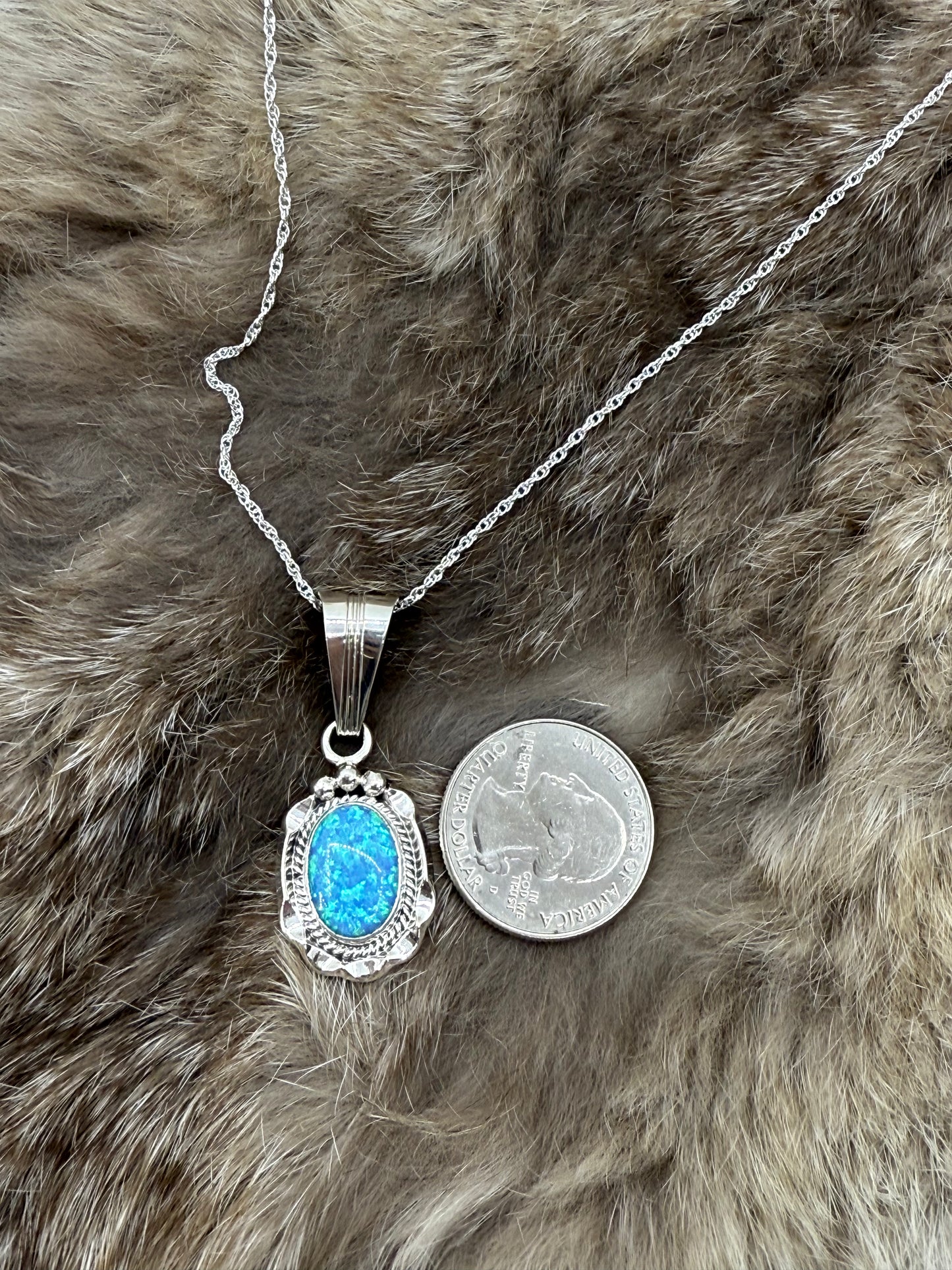 Blue Opal Pendant on 18" Chain by Samuel Yellowhair, Navajo