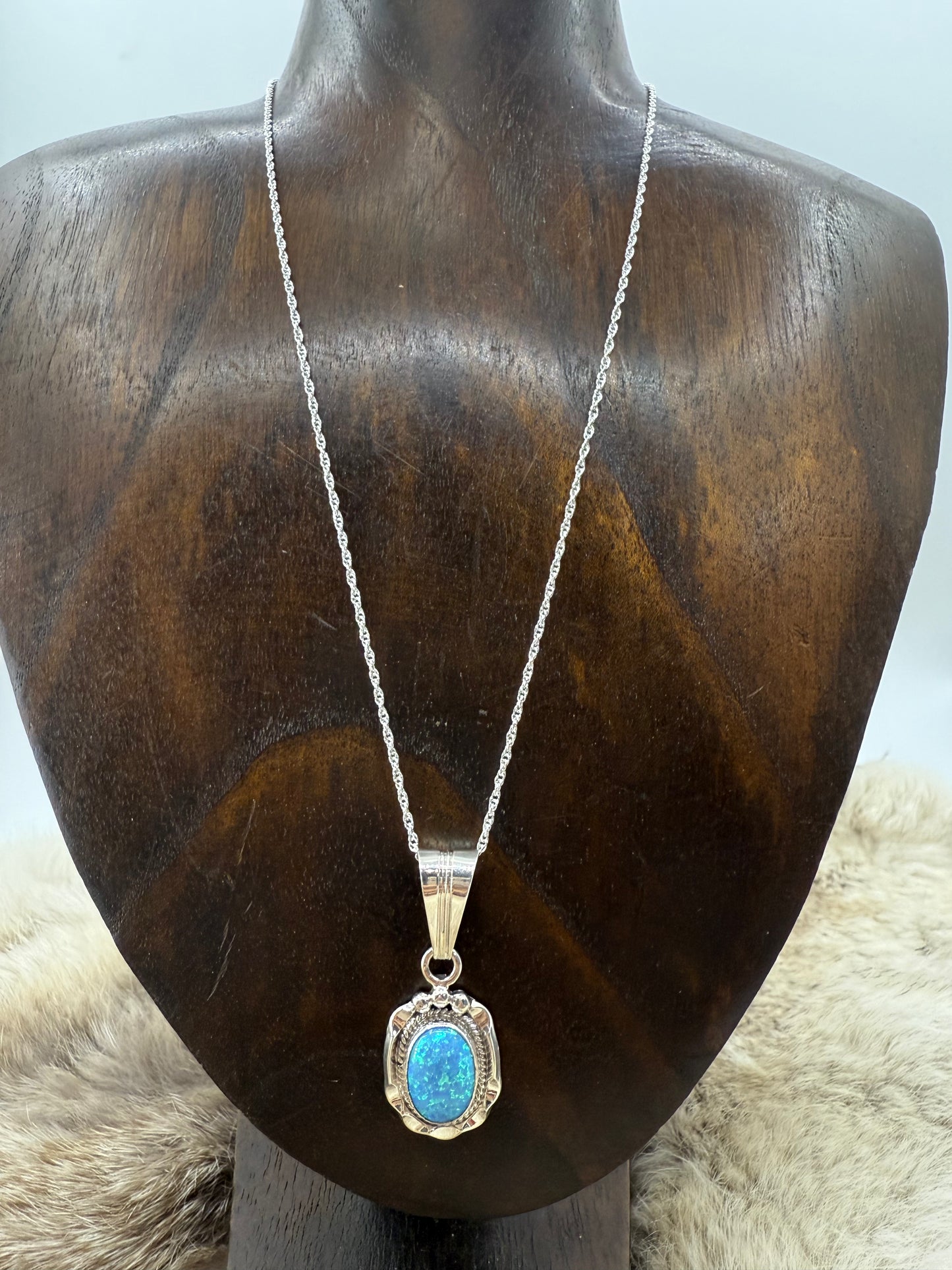 Blue Opal Pendant on 18" Chain by Samuel Yellowhair, Navajo
