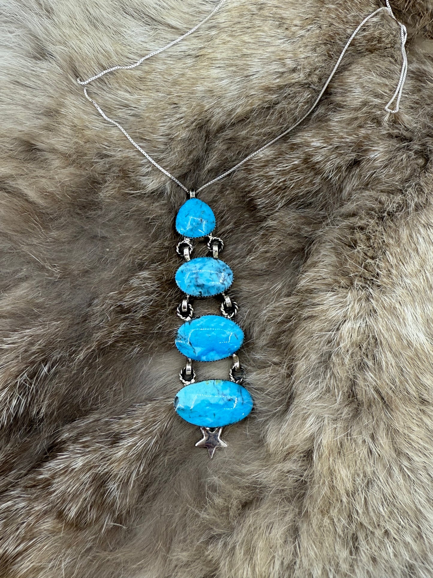 18" 4 Stone Kingman Turquoise Drop Necklace with Star by David Lopez, Navajo