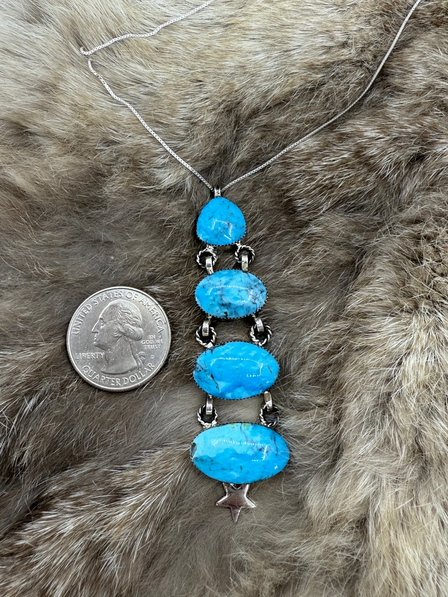 18" 4 Stone Kingman Turquoise Drop Necklace with Star by David Lopez, Navajo