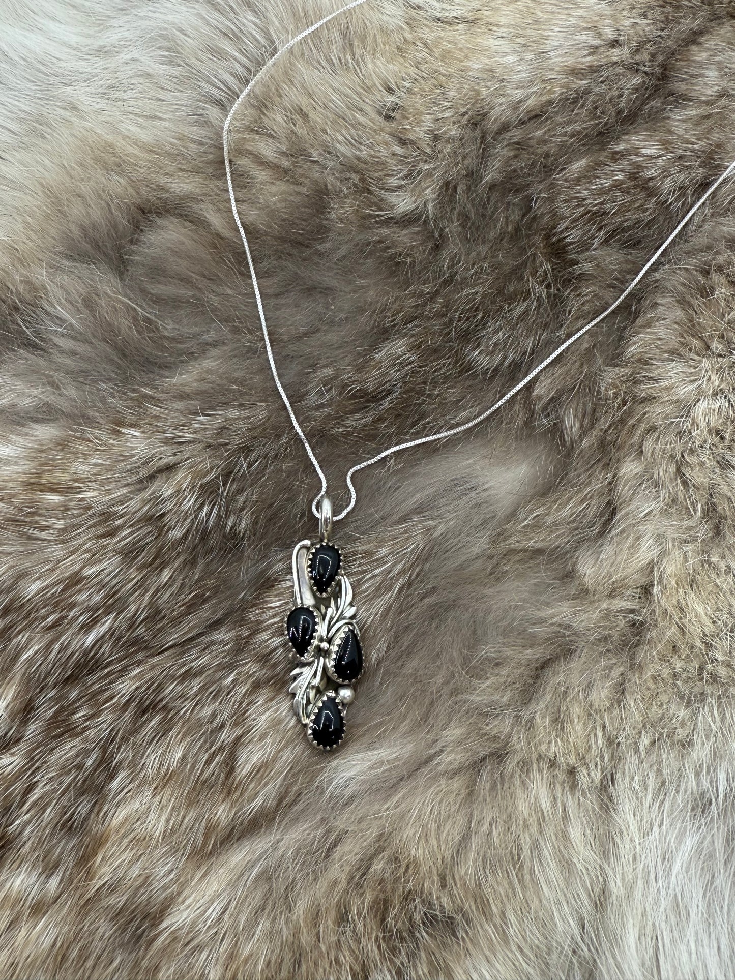 4 Stone Black Onyx Pendant on 18" Chain by Annie Spencer, Navajo