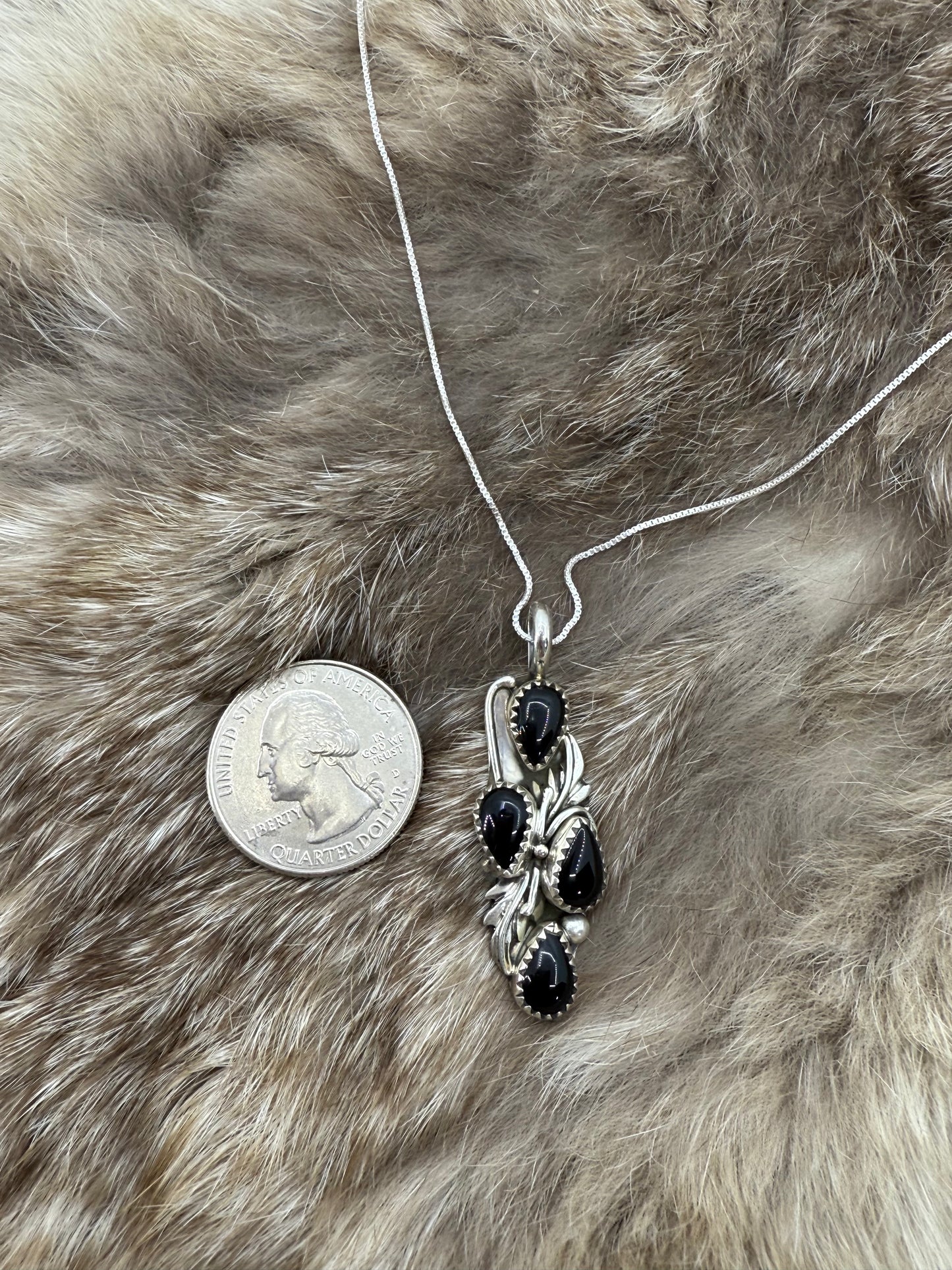 4 Stone Black Onyx Pendant on 18" Chain by Annie Spencer, Navajo