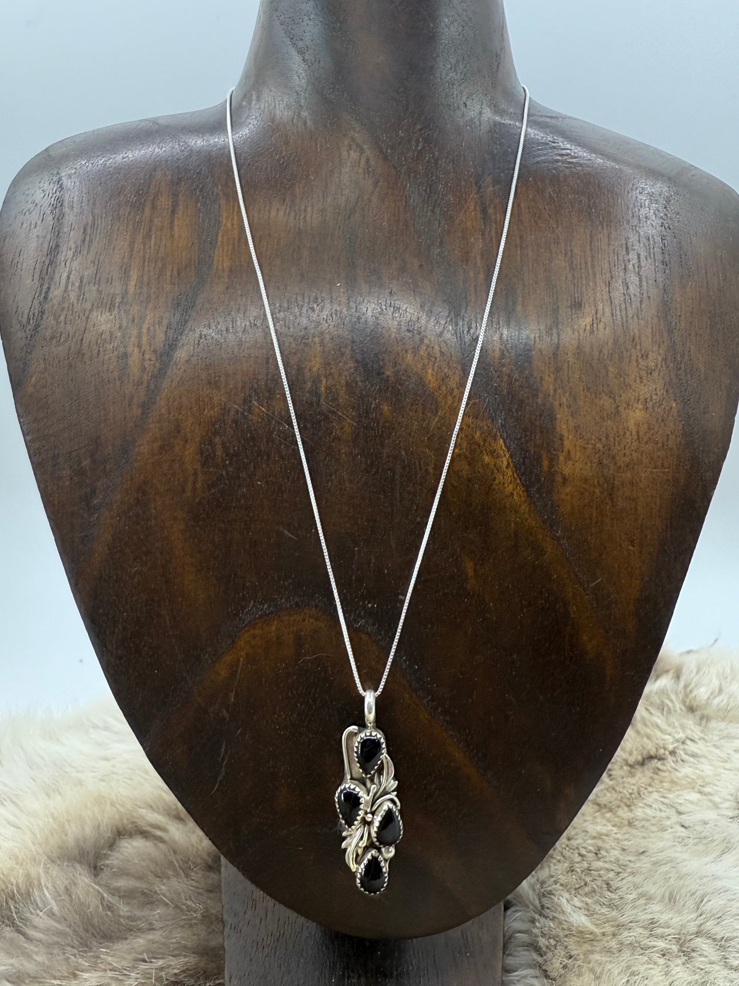 4 Stone Black Onyx Pendant on 18" Chain by Annie Spencer, Navajo