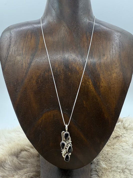 4 Stone Black Onyx Pendant on 18" Chain by Annie Spencer, Navajo