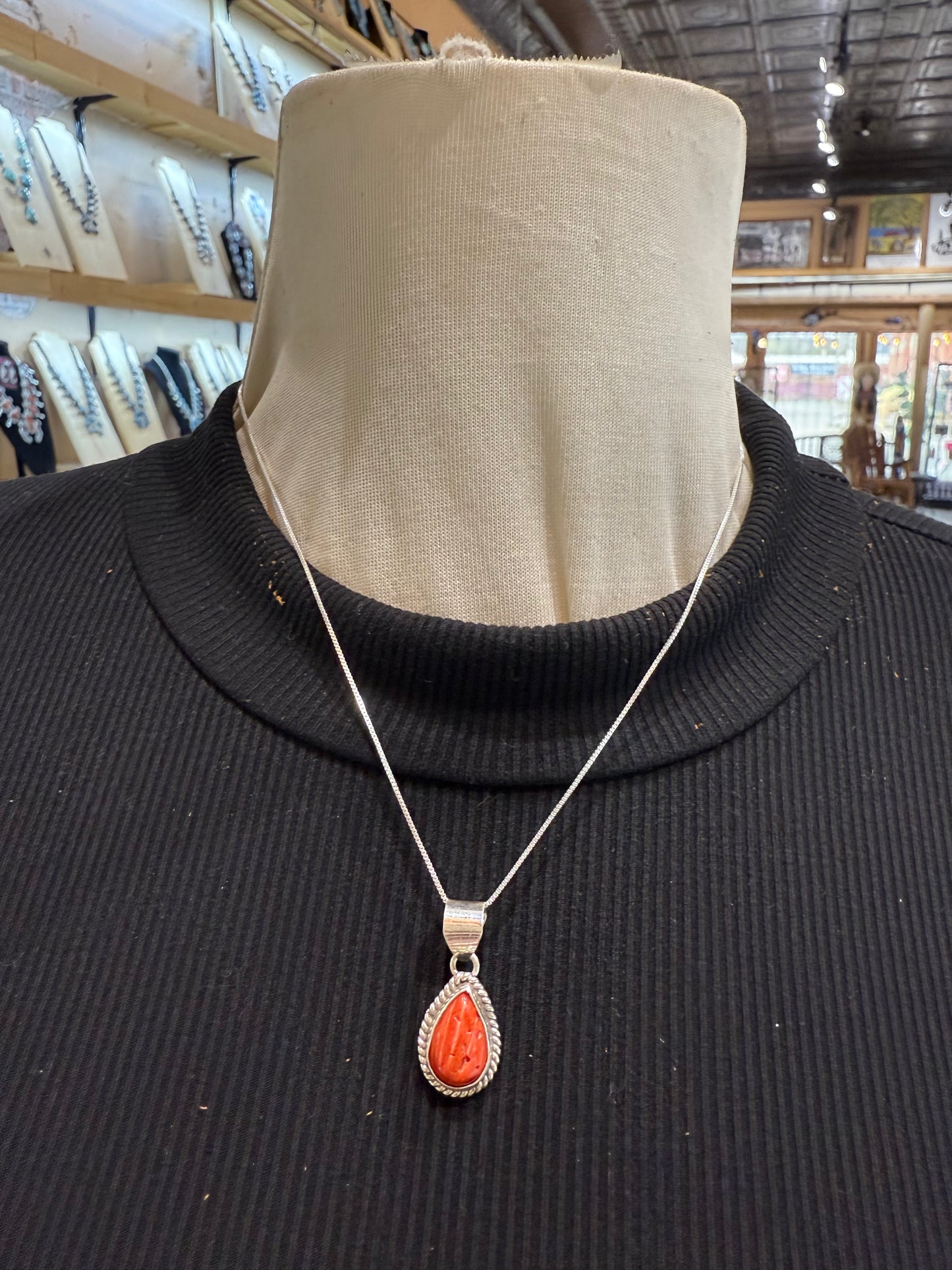 Teardrop Spiny Oyster Shell Pendant on 18" Chain by J. Frank & Byron Begay, Navajo