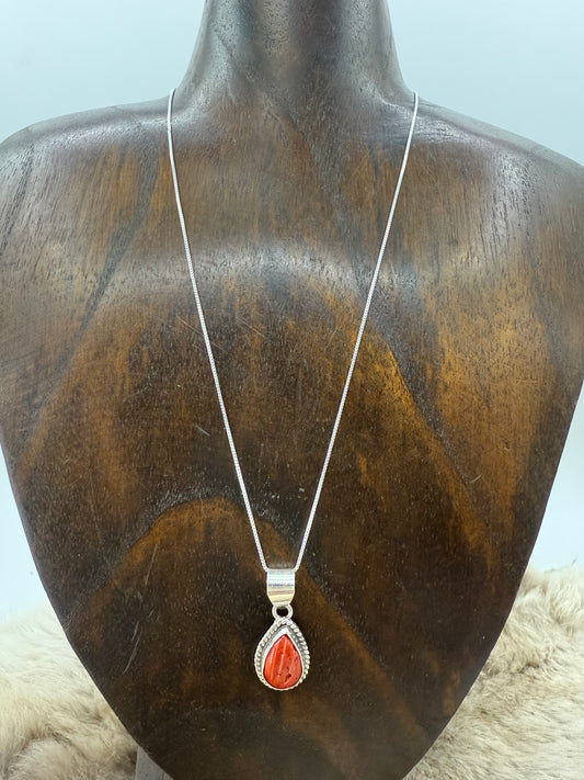 Teardrop Spiny Oyster Shell Pendant on 18" Chain by J. Frank & Byron Begay, Navajo