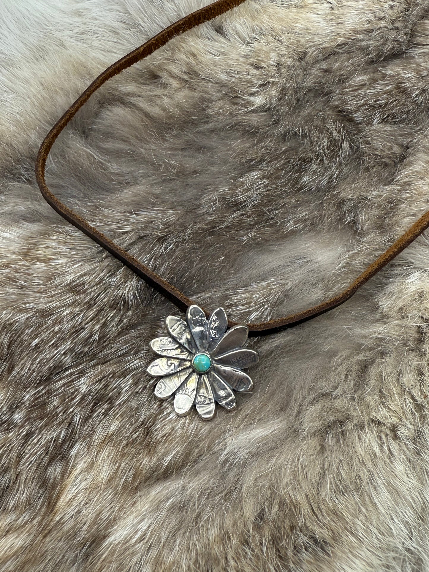 Silver Half Dollar Flower with Turquoise on Adjustable Leather Necklace by Bad Bronc