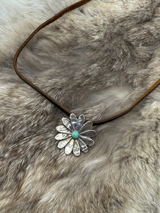 Silver Half Dollar Flower with Turquoise on Adjustable Leather Necklace by Bad Bronc