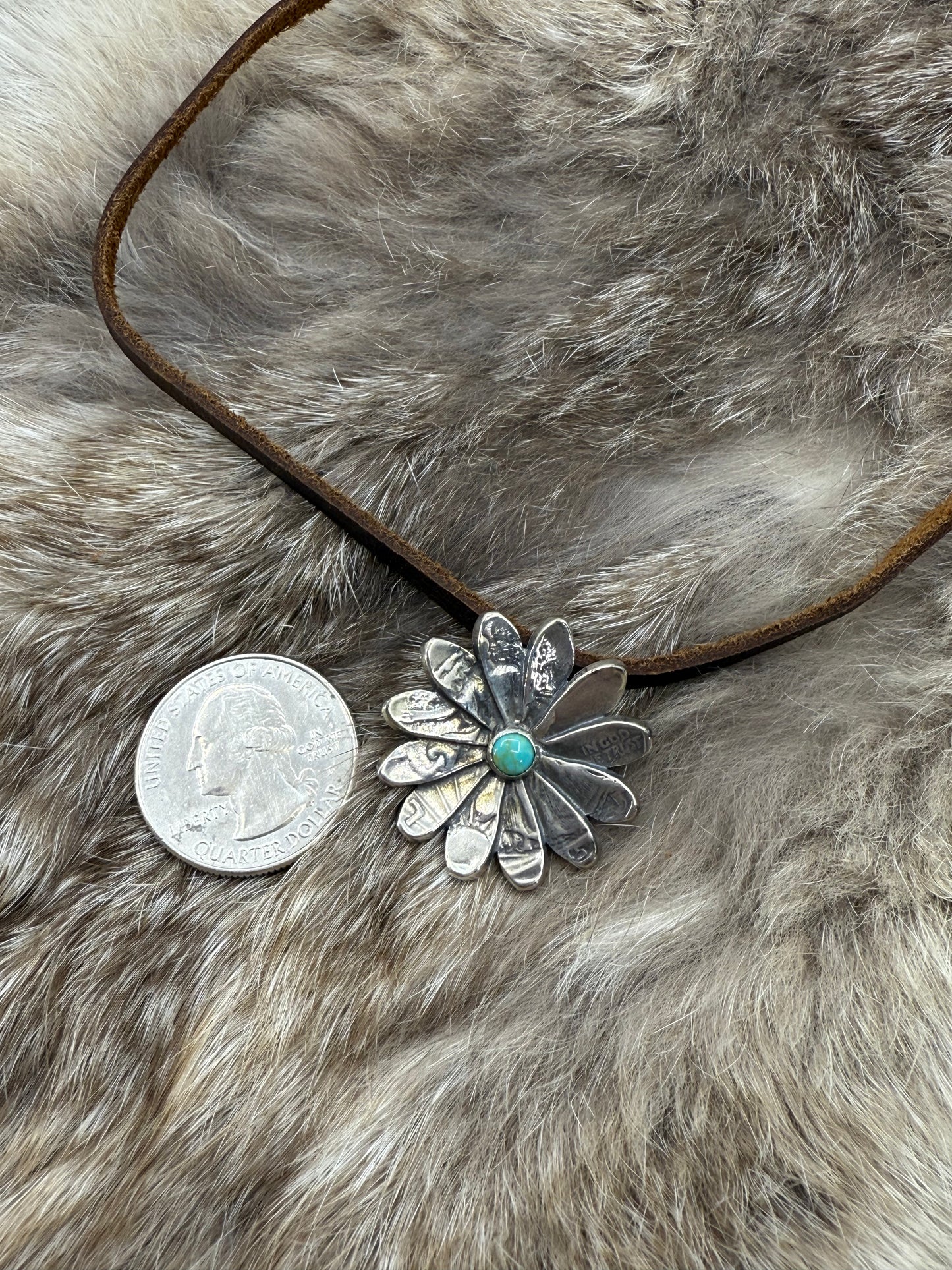 Silver Half Dollar Flower with Turquoise on Adjustable Leather Necklace by Bad Bronc