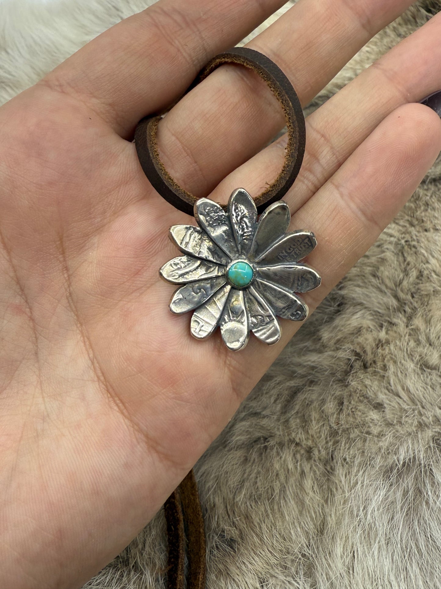 Silver Half Dollar Flower with Turquoise on Adjustable Leather Necklace by Bad Bronc