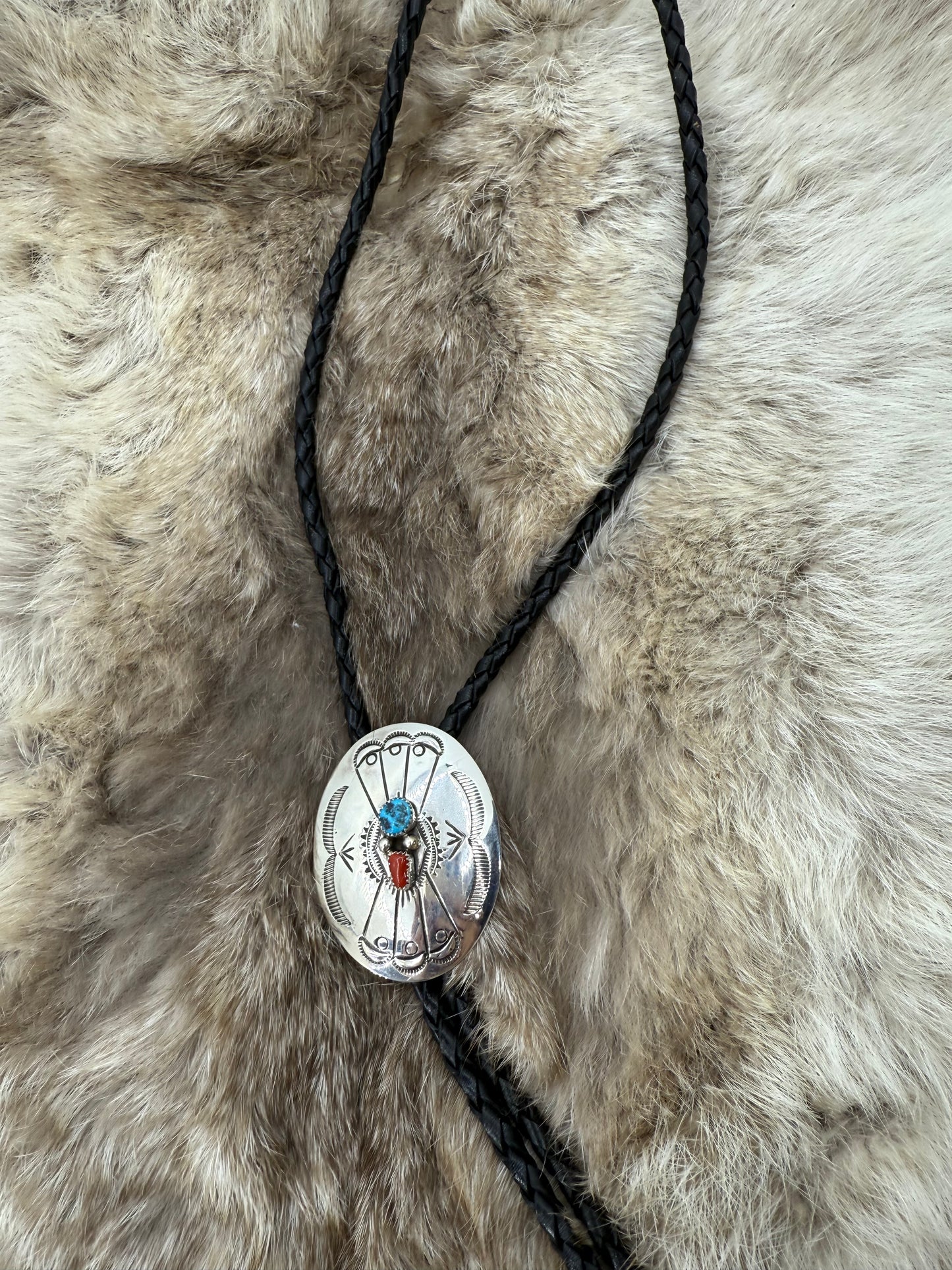 Turquoise & Coral Stamped Oval Concho Bolo Tie by Jolene Begay, Navajo
