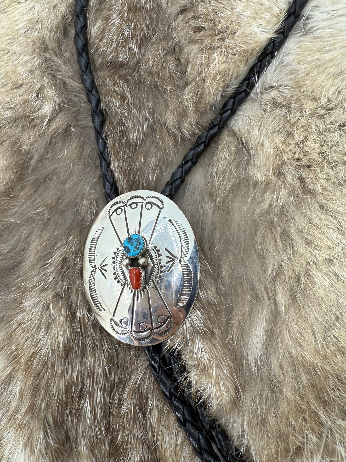 Turquoise & Coral Stamped Oval Concho Bolo Tie by Jolene Begay, Navajo
