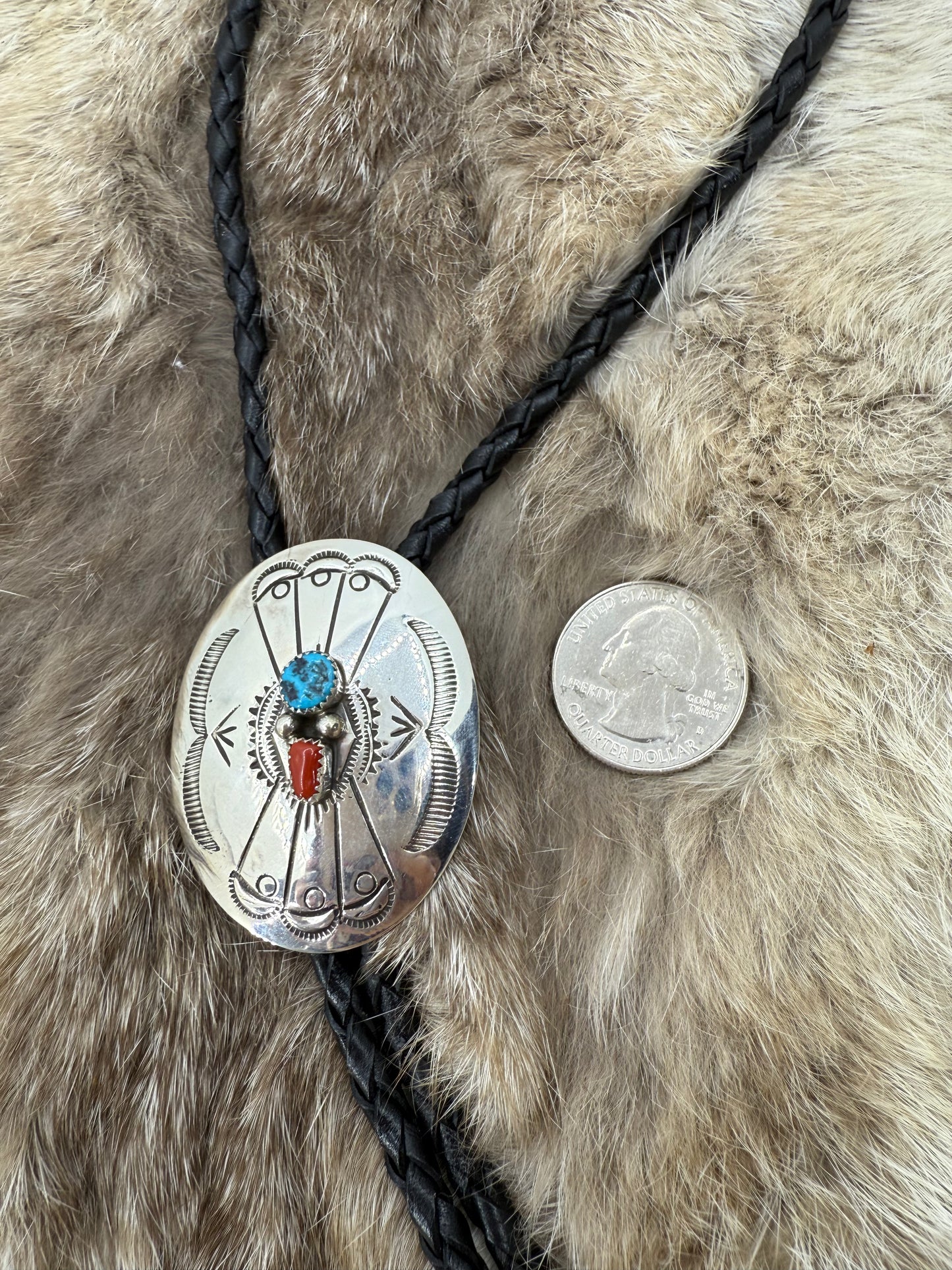 Turquoise & Coral Stamped Oval Concho Bolo Tie by Jolene Begay, Navajo