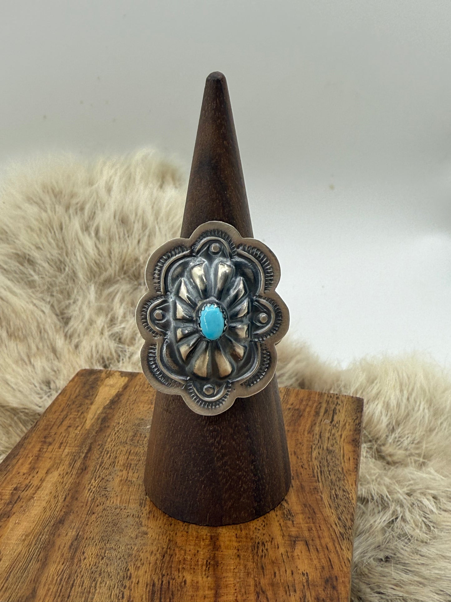 Oval Concho Ring with Turquoise by Lavina Benally, Navajo