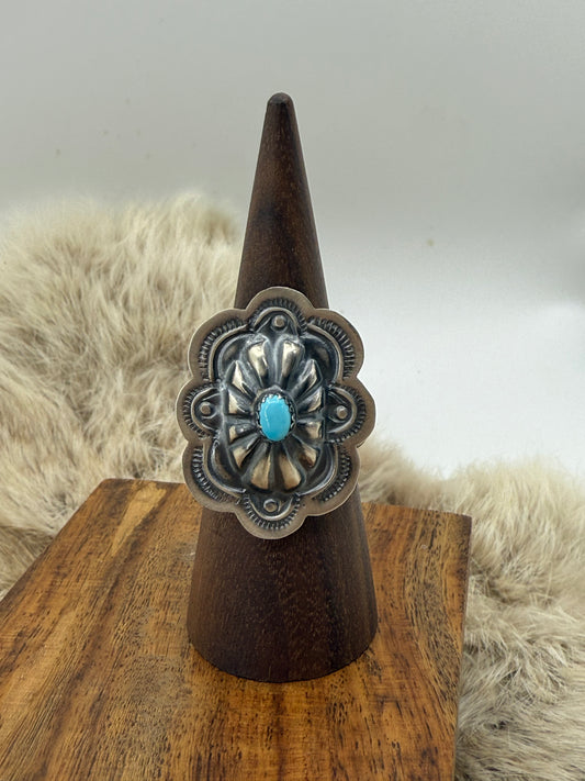 LOT 26 9/20 Adjustable Oval Concho Ring with Turquoise by Lavina Benally, Navajo
