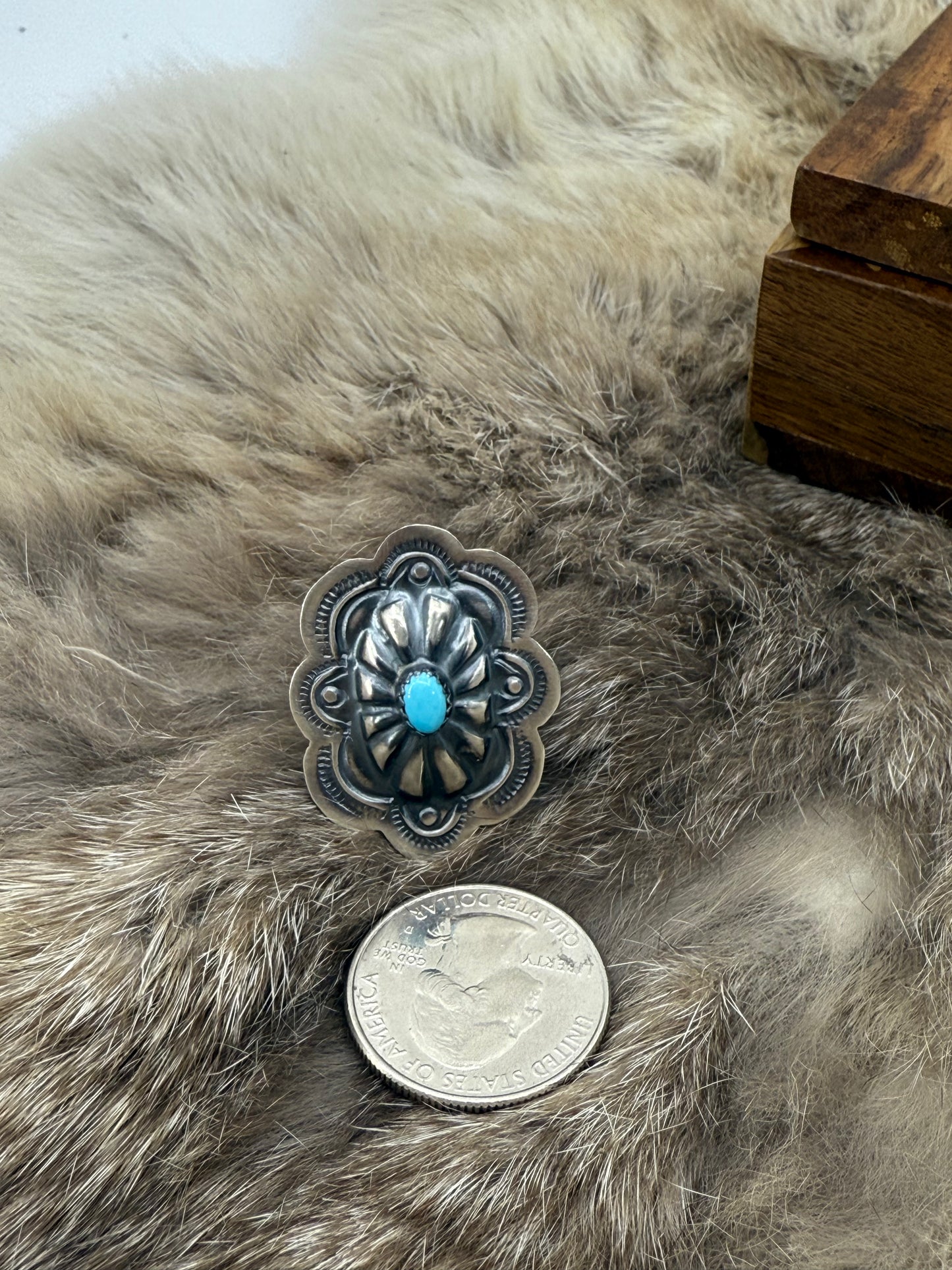 Oval Concho Ring with Turquoise by Lavina Benally, Navajo