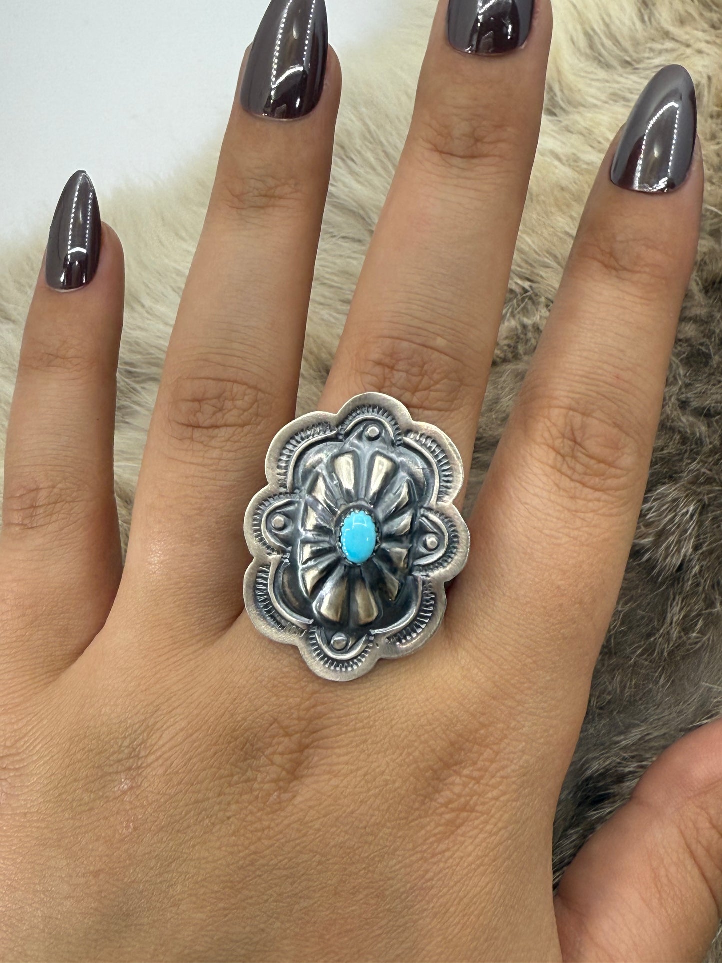 Oval Concho Ring with Turquoise by Lavina Benally, Navajo