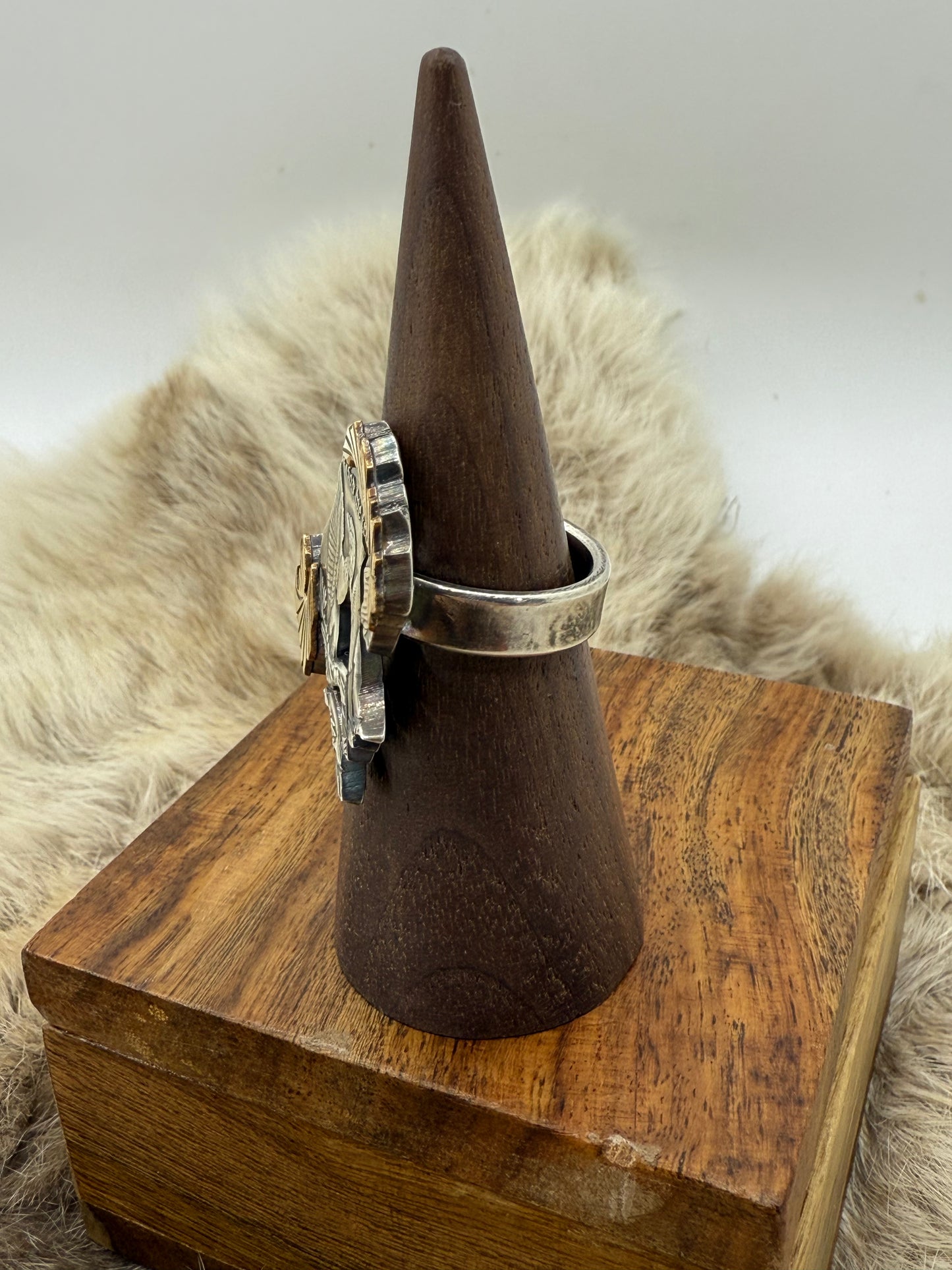 8.5 14k Gold Mane & Tail Silver Dollar Bronc Ring by Bad Bronc