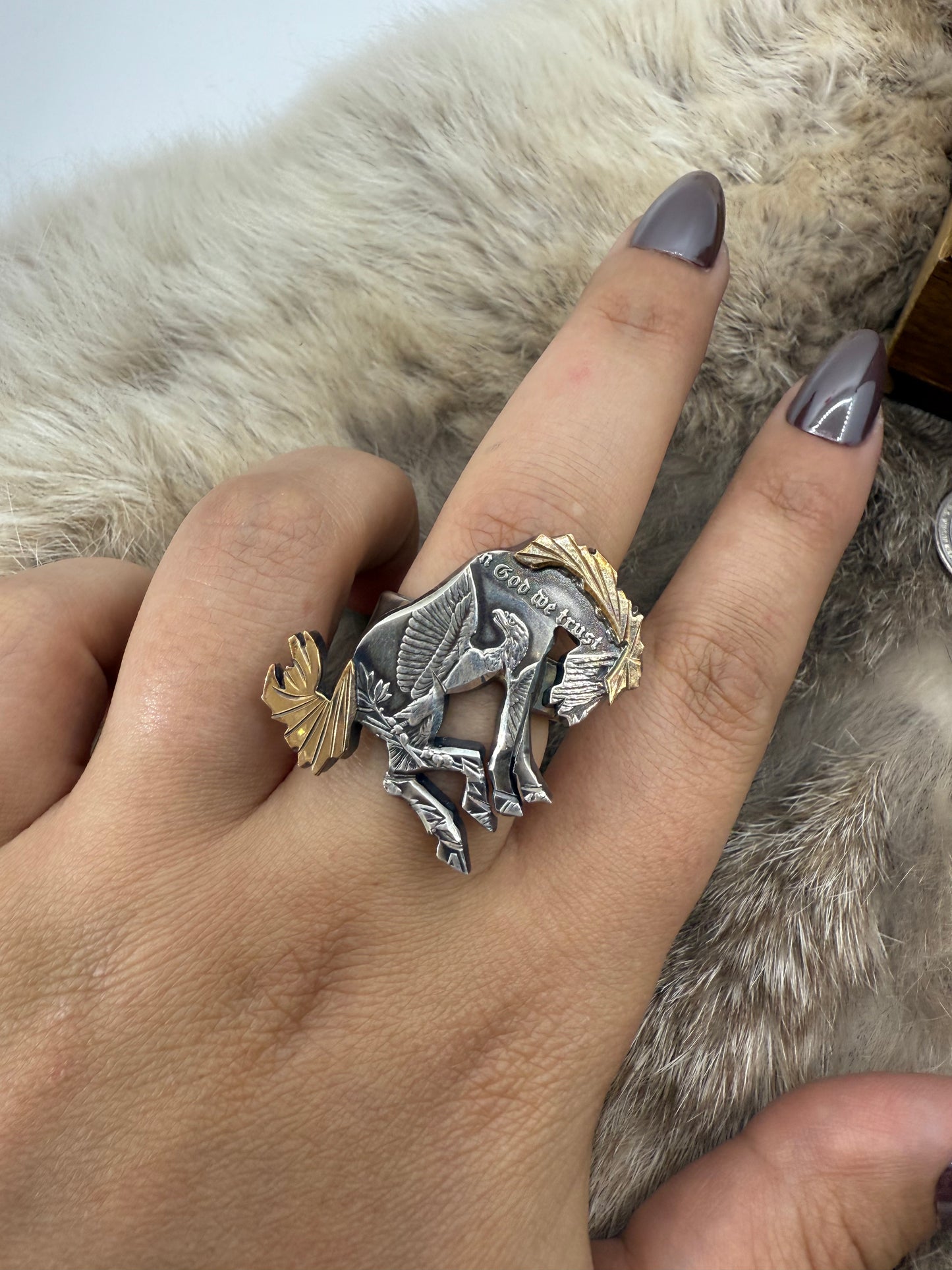 8.5 14k Gold Mane & Tail Silver Dollar Bronc Ring by Bad Bronc