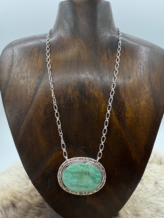 16" Kingman Turquoise Oval with Stamped Border Necklace by Dororthy Yazzie, Navajo