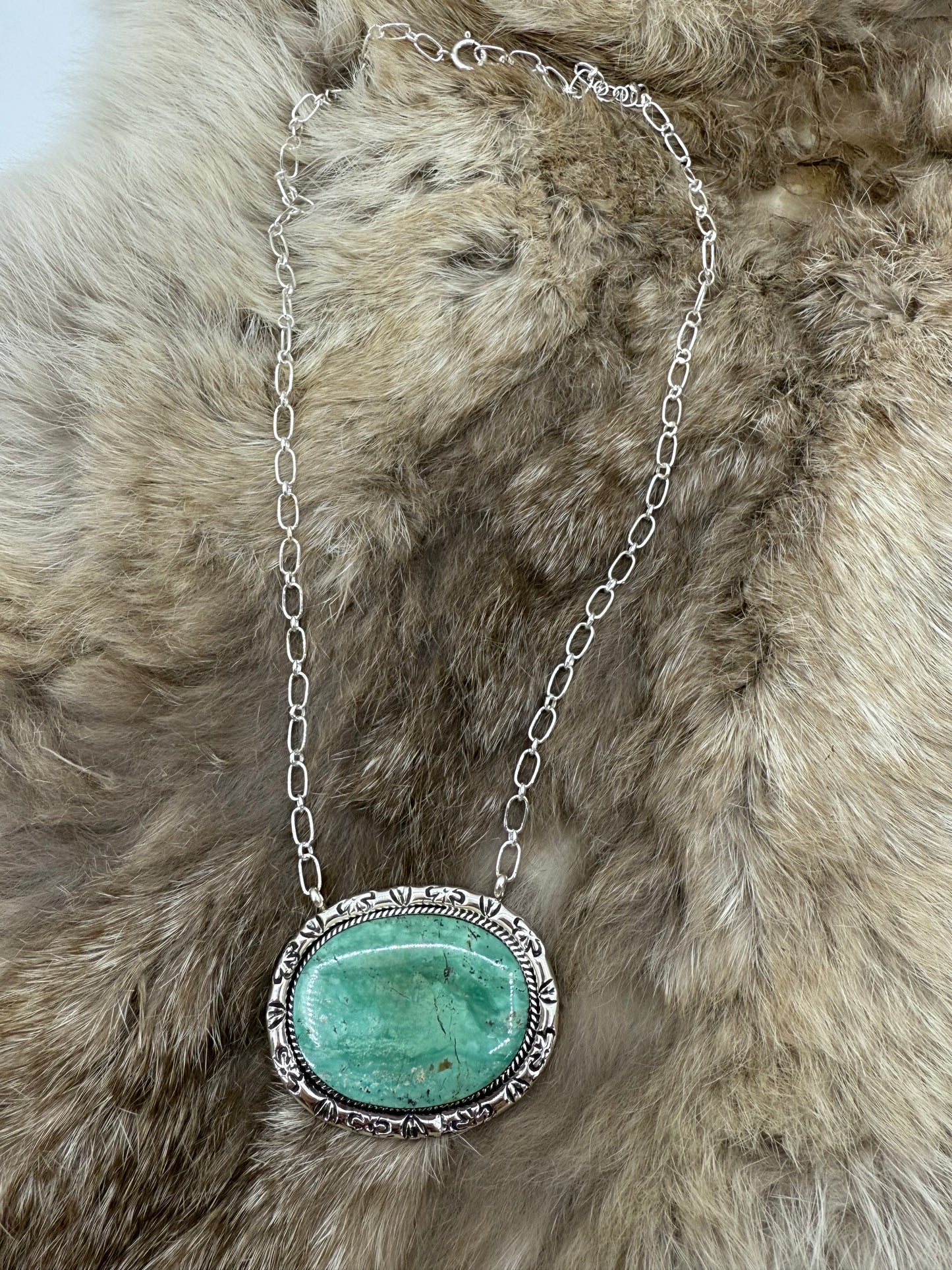 16" Kingman Turquoise Oval with Stamped Border Necklace by Dororthy Yazzie, Navajo