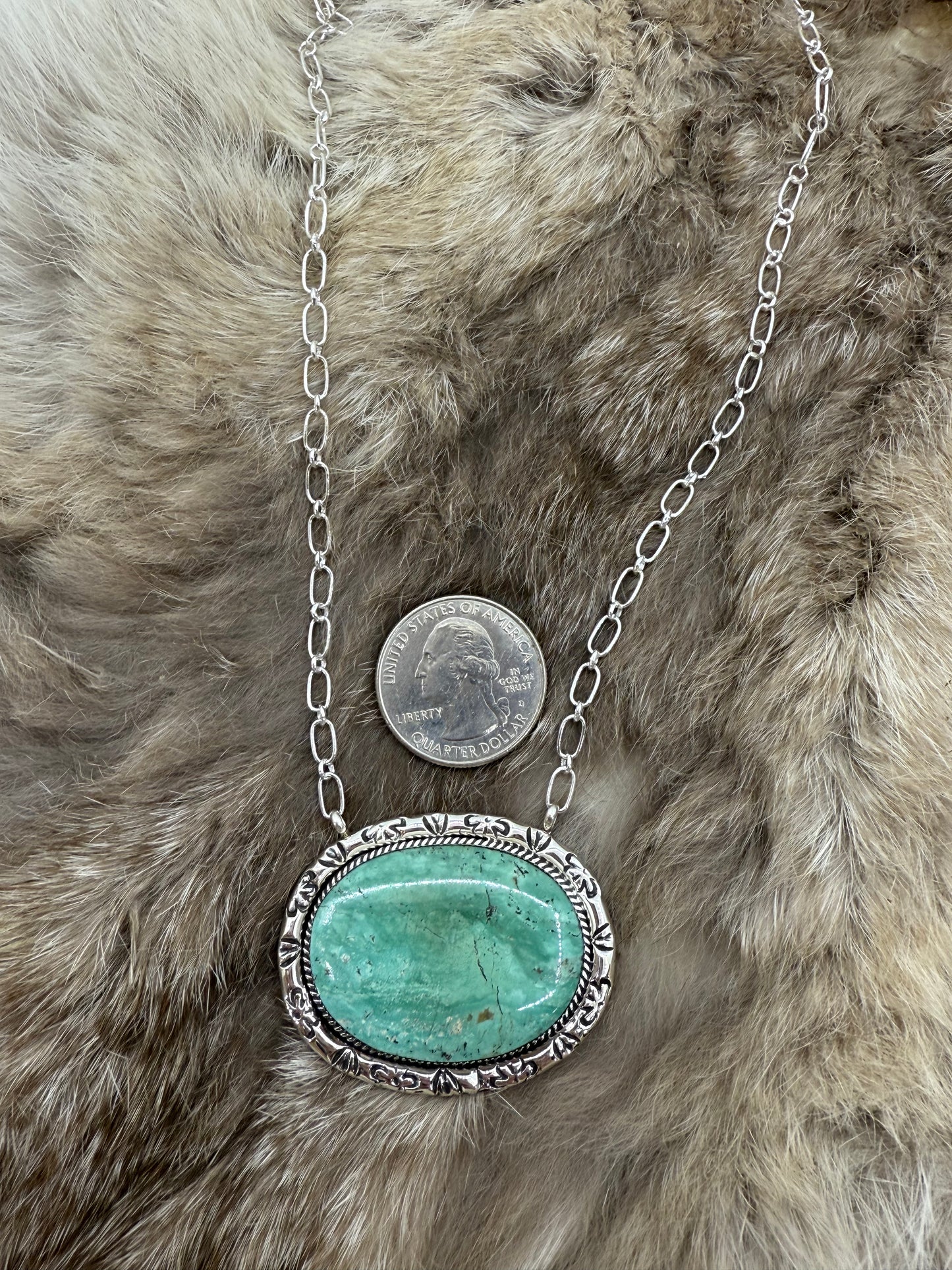 16" Kingman Turquoise Oval with Stamped Border Necklace by Dororthy Yazzie, Navajo