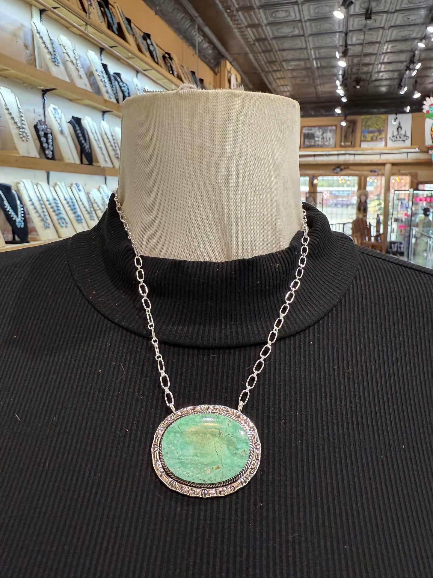 16" Kingman Turquoise Oval with Stamped Border Necklace by Dororthy Yazzie, Navajo
