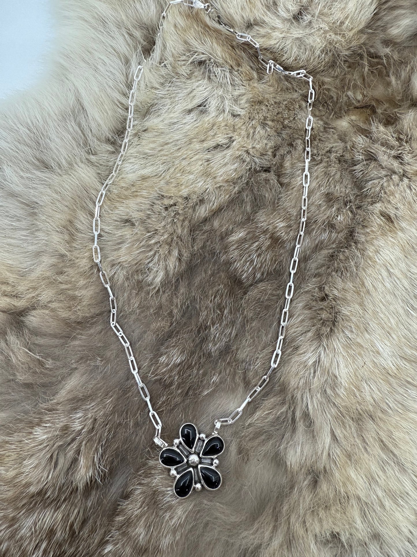 Black Onyx 5 Petal Flower Cluster on 18" Paperclip Chain