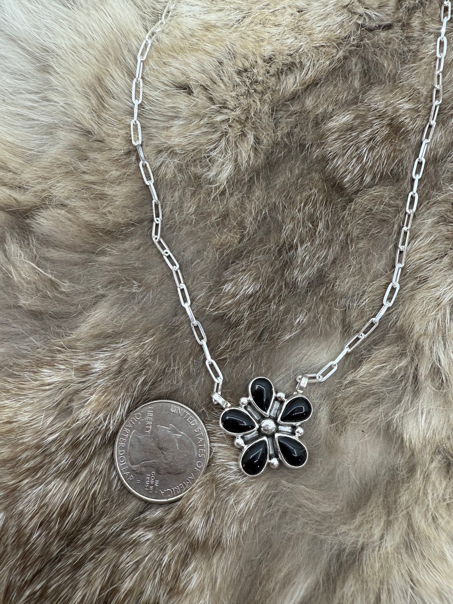 Black Onyx 5 Petal Flower Cluster on 18" Paperclip Chain