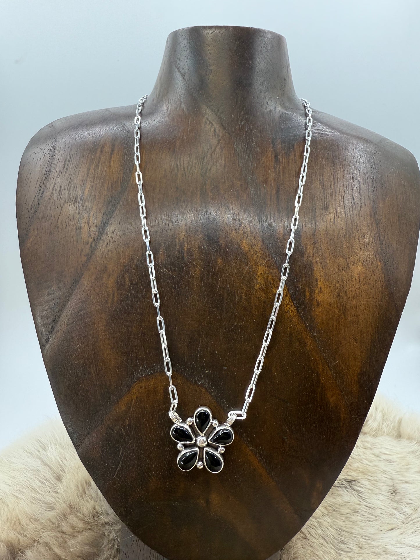 Black Onyx 5 Petal Flower Cluster on 18" Paperclip Chain