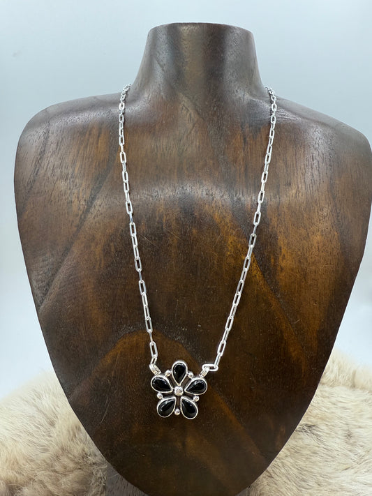 Black Onyx 5 Petal Flower Cluster on 18" Paperclip Chain