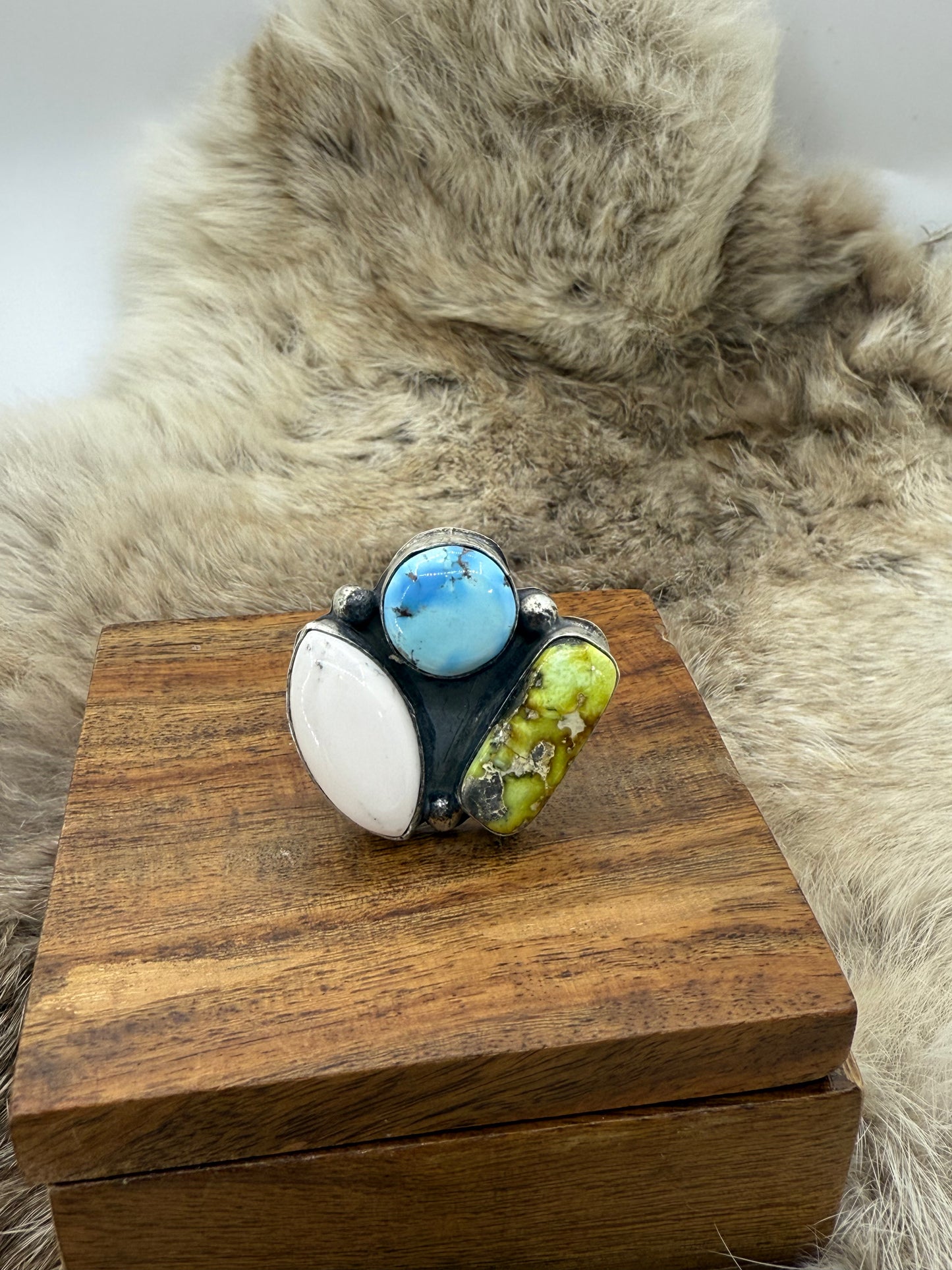 9.0 Golden Hills Turquoise, White Buffalo and Palomino Turquoise Ring by Delbert Secatero, Navajo