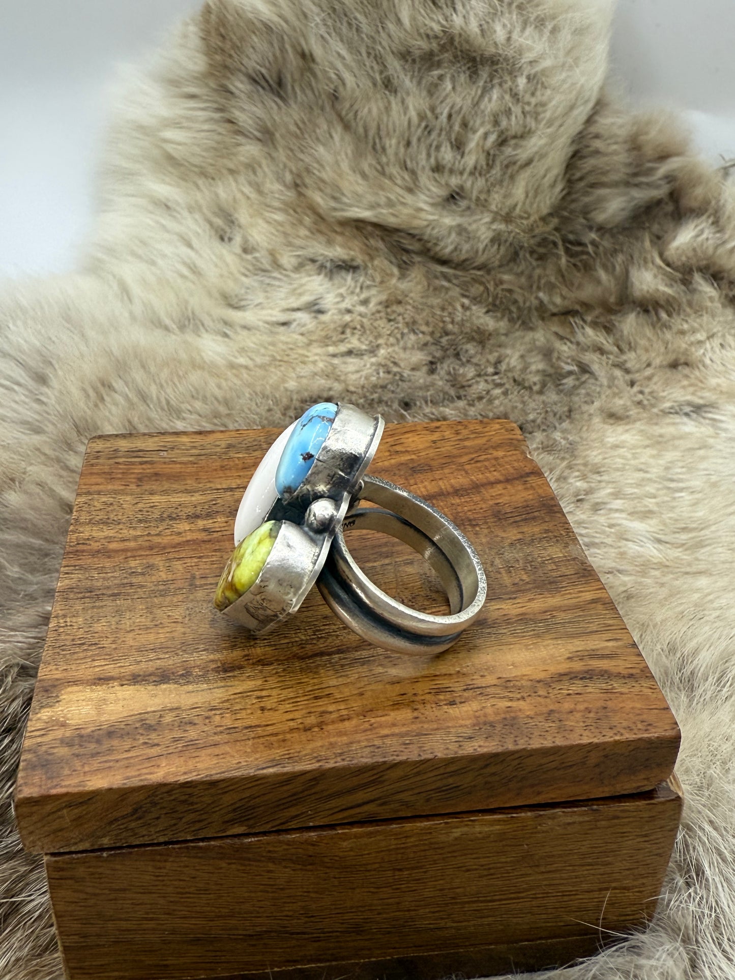 9.0 Golden Hills Turquoise, White Buffalo and Palomino Turquoise Ring by Delbert Secatero, Navajo