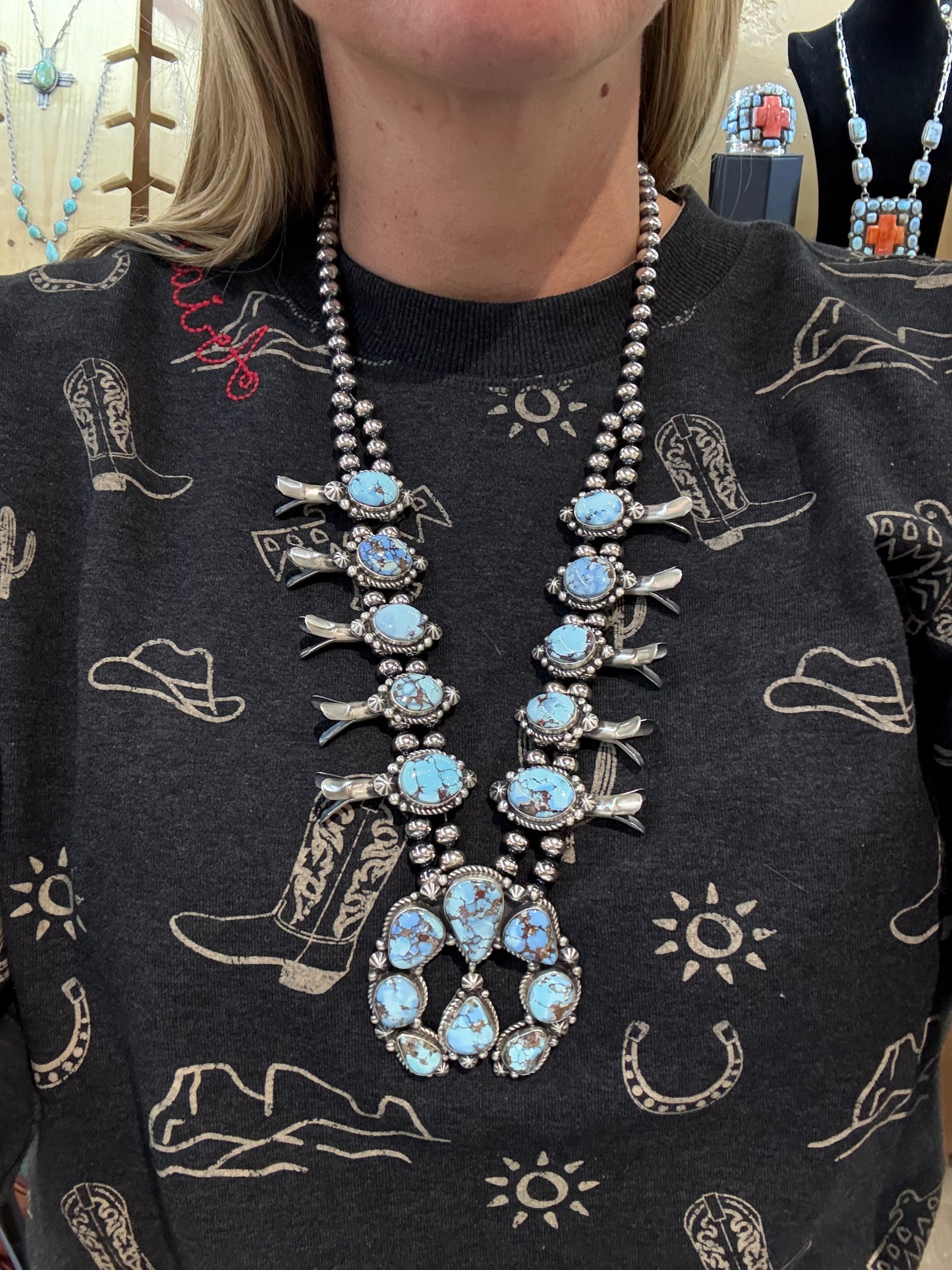 LOT 1 1/4 Golden Hills Squash Blossom with Earrings by Elouise Kee, Navajo