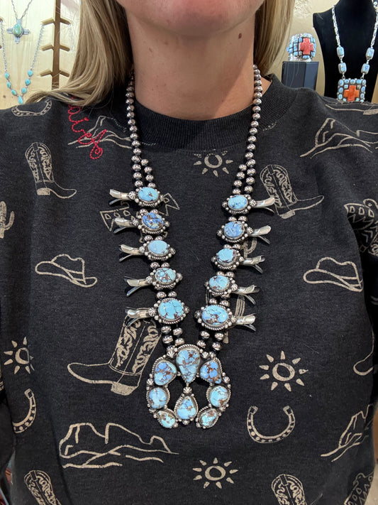 Golden Hills Squash Blossom with Earrings by Elouise Kee, Navajo