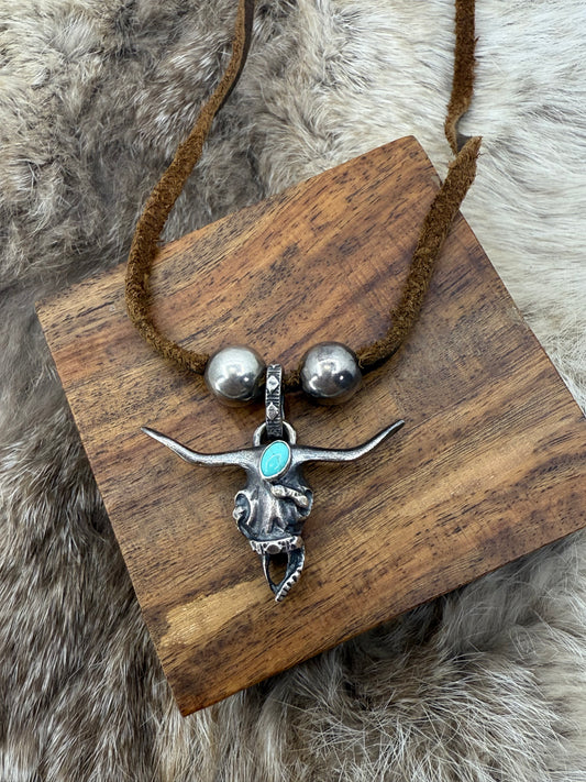 Skull with Turquoise & Snake Pendant by Bad Bronc on Adjustable Leather Necklace