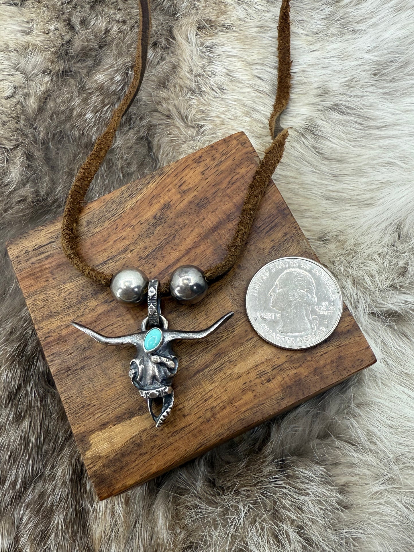 Skull with Turquoise & Snake Pendant by Bad Bronc on Adjustable Leather Necklace