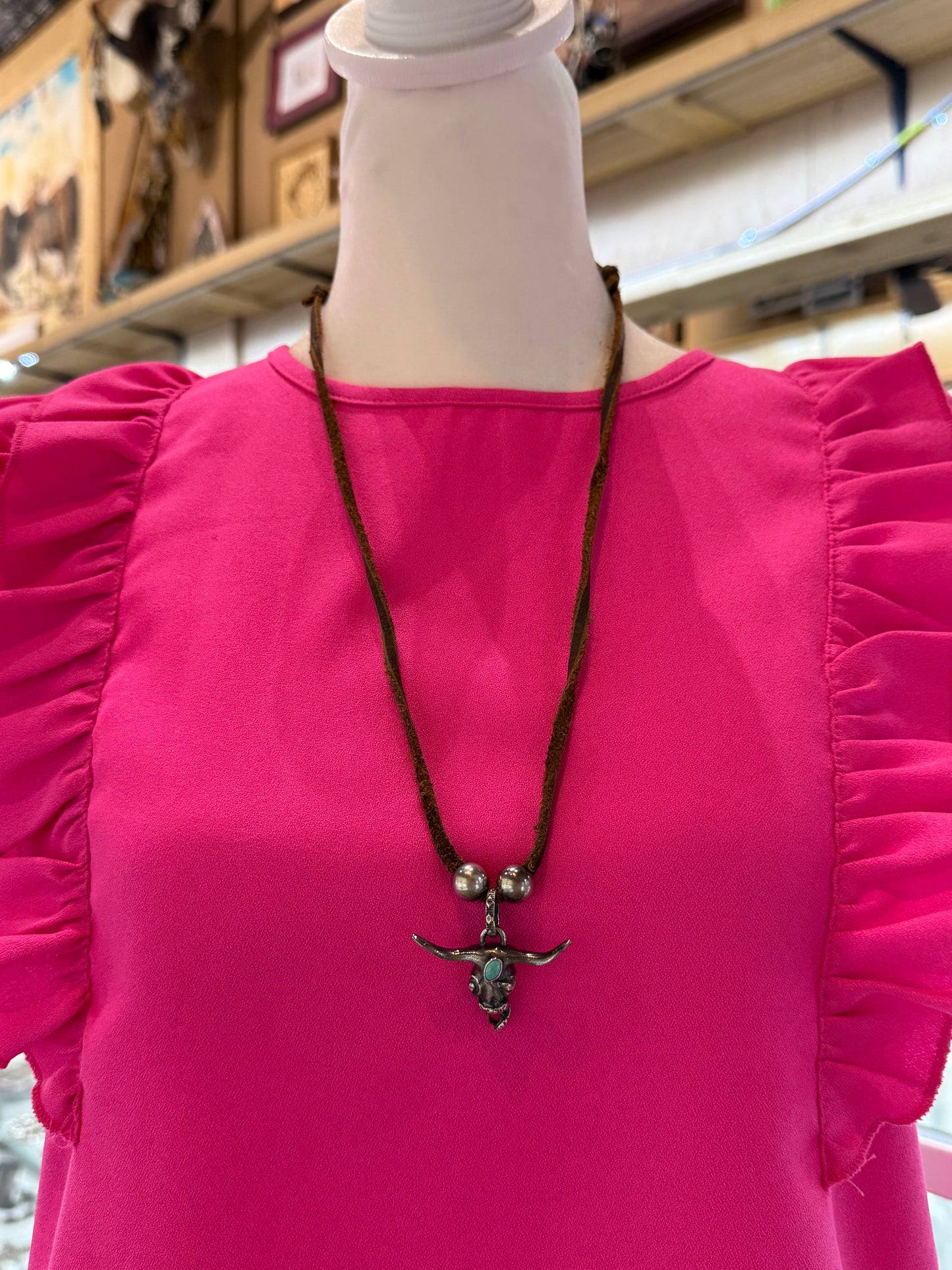 Skull with Turquoise & Snake Pendant by Bad Bronc on Adjustable Leather Necklace