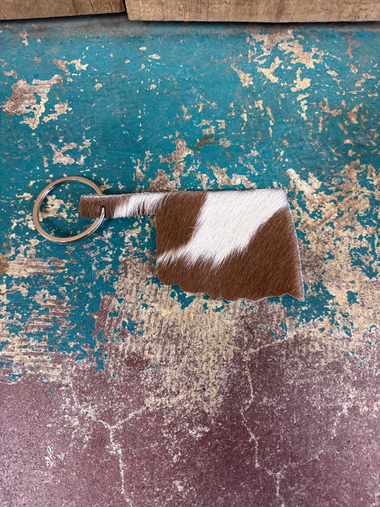 Brown And White Cowhide Oklahoma Keychain