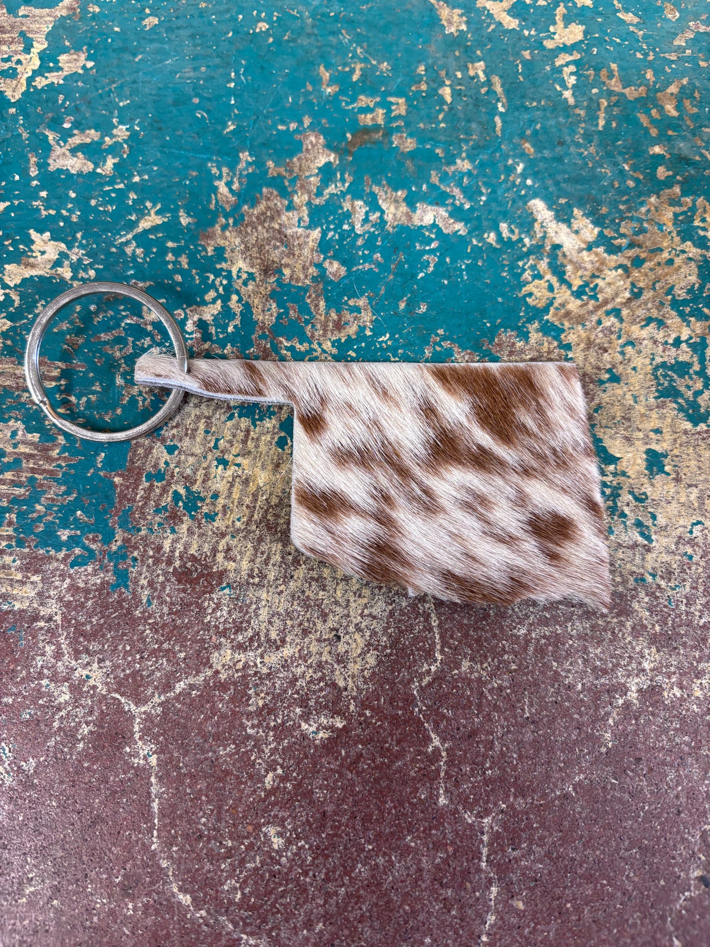 Brown And White Spotted Cowhide Oklahoma Keychain